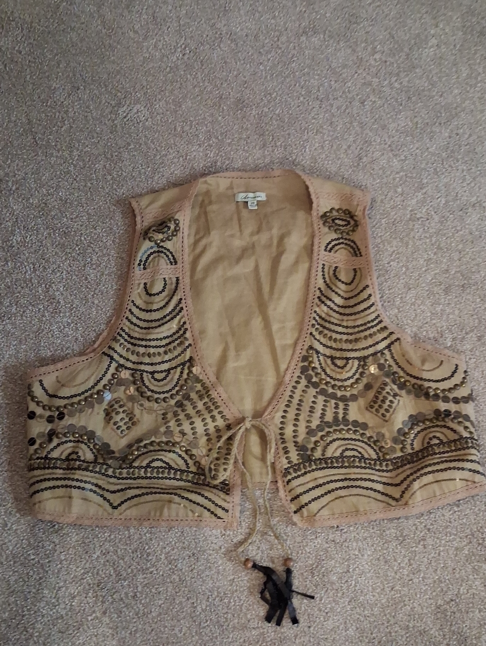 Autograph Beige Linen-Blend Vest with Detill Embellish and Tassel String Tie.